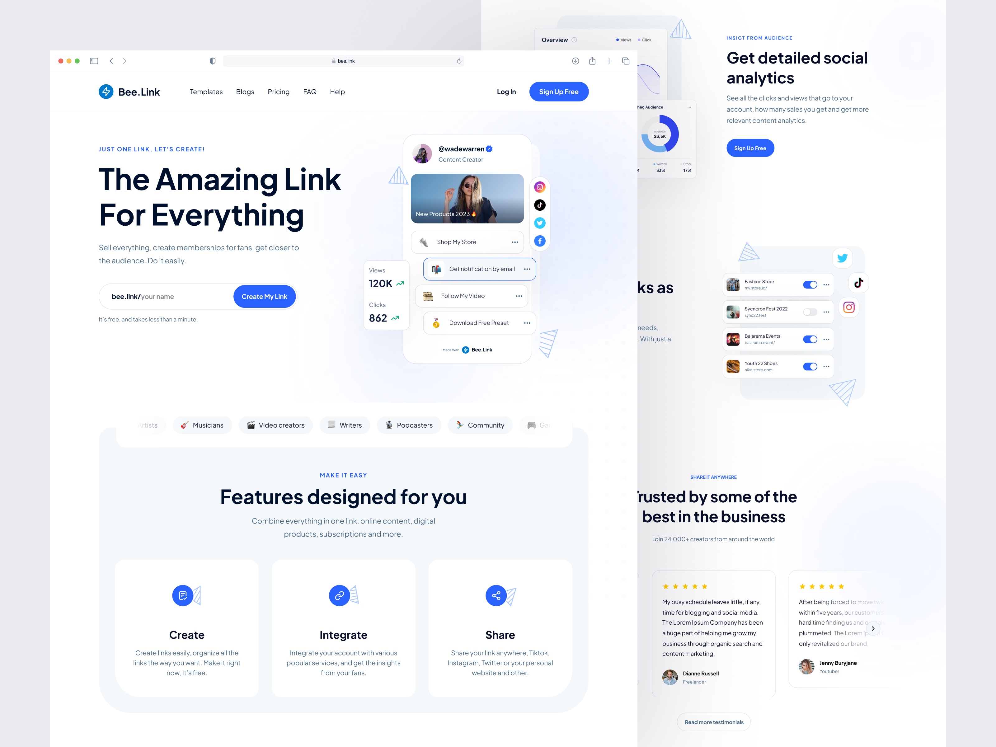 Bee.Link - Landing Page analytic analytics app bitly business case study component design design system dipa inhouse graphic design influencer landing page saas social analytic social media tiktok ui web design website
