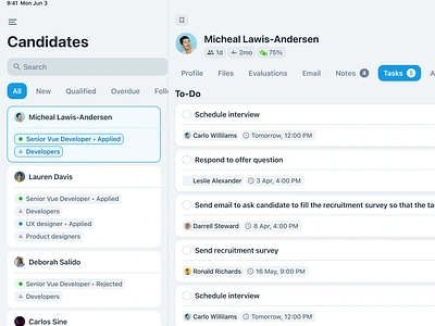 Candidate Directory & Profile Task View ats candidate list directory figma hiring ipad ipados list product design profile view saas tab nav tablet tabs tasks list ux design ux ui web