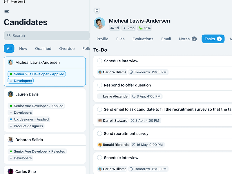 Candidate Directory & Profile Task View ats candidate list directory figma hiring ipad ipados list product design profile view saas tab nav tablet tabs tasks list ux design ux ui web