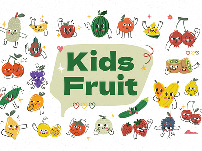 Kids Fruit Illustration Set banana cherry fruit fruit illustration graphicook graphicook studio hand drawn fruit hand drawn style kids kids illustration landing page ui ux