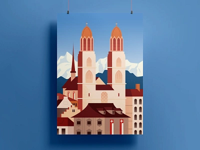 Zurich poster architecture building city design flat graphic design illustration poster town vector