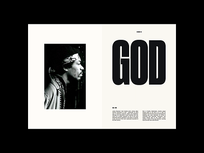 The Hendrix Experiments • Exp/2: 'HENDRIX IS GOD' big typography black and white clean cream editorial guitar hendrix jimi hendrix layout minimal minimalism music print rock and roll typography