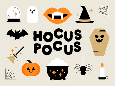 Hocus Pocus Halloween branding broom color cute design ghost halloween hocus pocus icons illustration logo pumpkin spider ui vampire vector witch