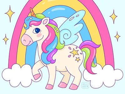 Unicorn doodle illustration, cartoon art character art artist cartoon character child childish children cloud concept design doodle fly girl illustration kid kids rainbow star unicorn wing