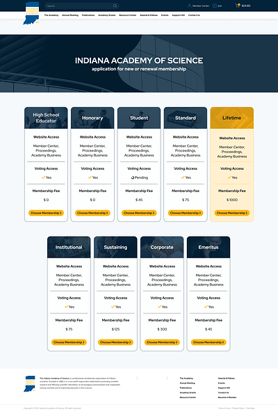 Designing membership page of Indiana academy of science. card clean ui creative design education memebership ui web design