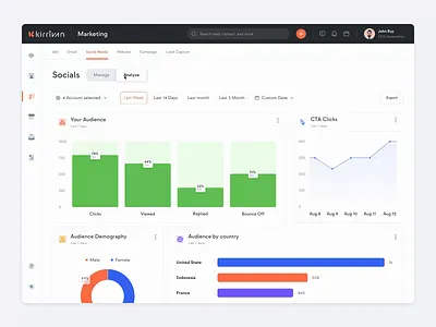 Kirrivan SaaS CRM - Social media ads Analysis ads analysis animation calendar charts crm customer dashboard demography leads management marketing pipeline saas saas design sales social media web design