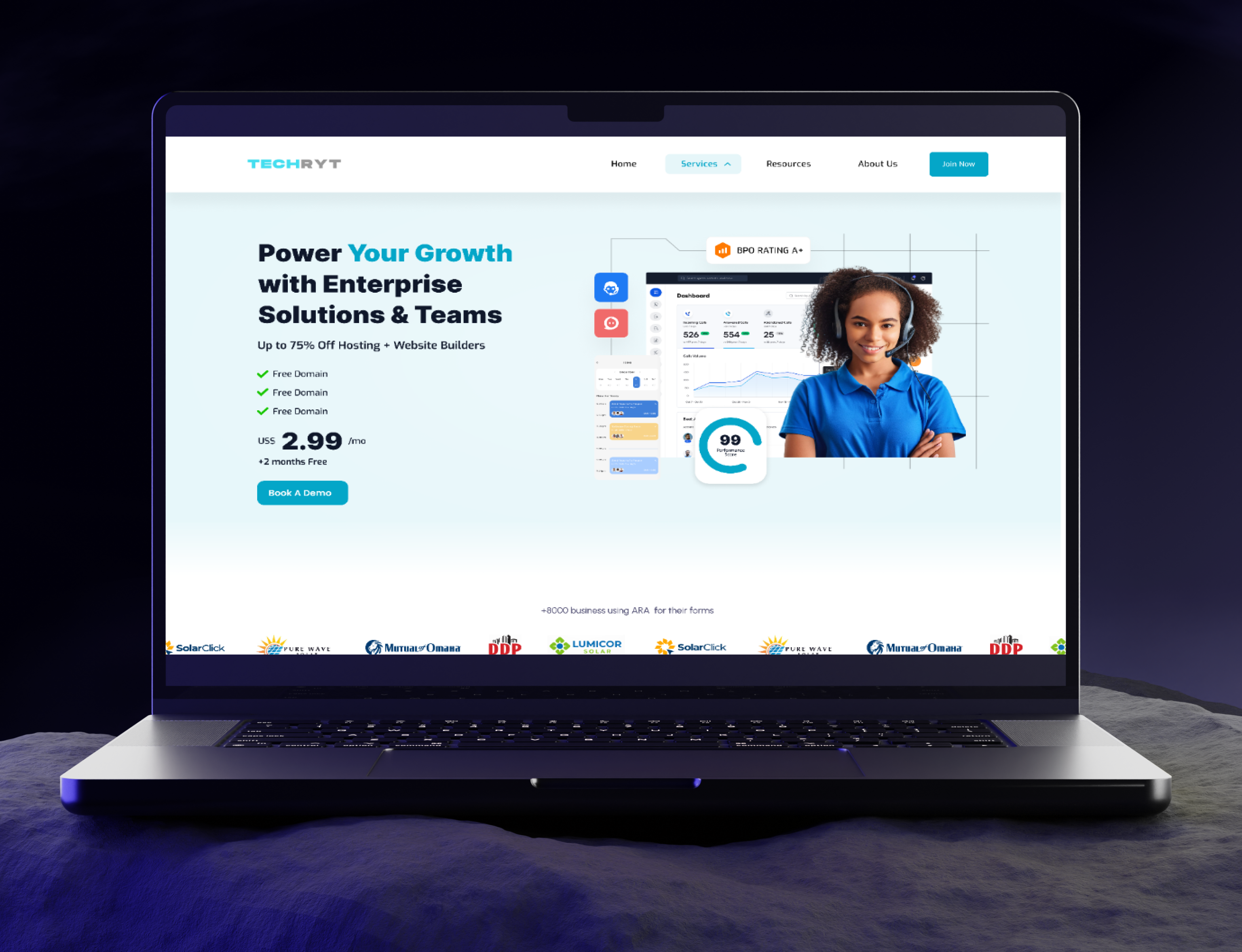 Techryt SaaS Landing Page agency website ai website blue bright sky blue business website design minimal website design sky blue ui virtual assistant virtual assistant website website design wordpress website