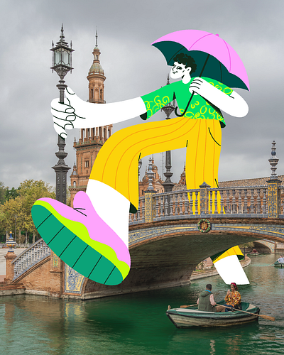 Seville Walk art character character design city collab colorful illustration photo photo on top photography rain seville spain town