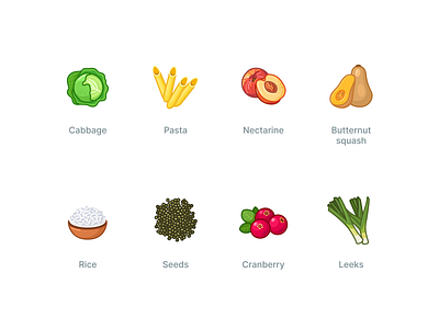 Custom food icons #2 (for client) butternut squash cabbage cranberry figma food icondesign iconography icons leeks nectarine pack pasta rise seeds set