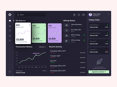 Cryptocurrency Dashboard Design bitcoin blockchain crypto crypto dashboard crypto mining crypto trading cryptocurrency dark dashboard dashboard design ethereum mining product design ui design uiux design