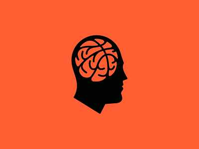 Basketball Brain Logo for Sale ball basketball brain branding creative design emblem game head illustration logo man mark mind negative space orange original sports strategy vector