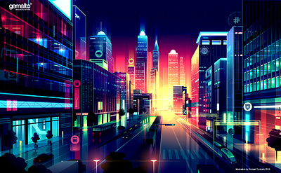 Gemalto city city design futur illustration landmark light logo magazine neon retro skyscrapers smartcity trystram ui