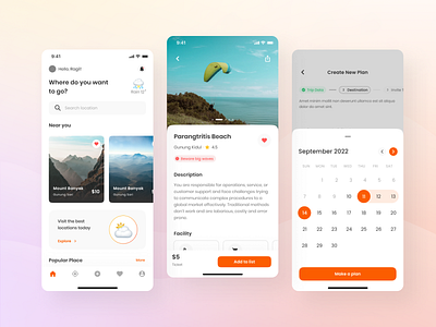 Moove - Home, Details, and Choose Data card clean destination holiday home home dashboard ios ios app itinerary itinerary apps minimal mobile mobile app orange pick date trip trip planner ui ui kit ux