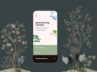 Discover our warming seasonal brew app asian beverage brew chinese chinoiserie coffee design drink flower illustration interface japanese liquid matcha mobile tea ui ux wallpaper