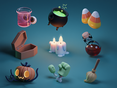 Halloween Icons 3d b3d blender candy cute dark ghosts halloween icons illustration isometric potion pumpkin render