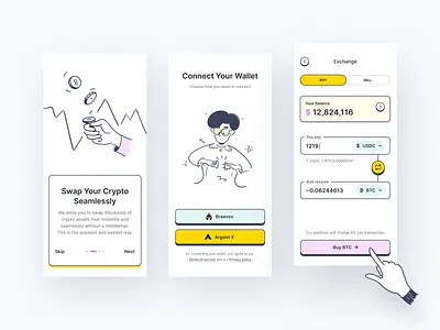 Crypto Wallet App app btc buy connect wallet contra crypto currency exchange mobile money notion onboarding pastel sell stroke swap ui usdc ux wallet