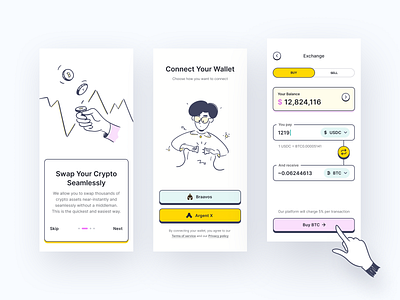 Crypto Wallet App app btc buy connect wallet contra crypto currency exchange mobile money notion onboarding pastel sell stroke swap ui usdc ux wallet