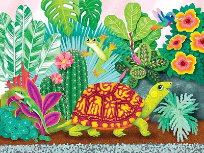 Greenhouse Friends animals anole bird cactus drawing fern flowers frog greenhouse hibiscus houseplant hummingbird illustration lizard monstera plants terrarium tortoise treefrog turtle