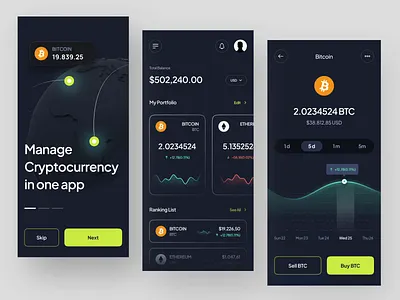 Crypto Exchange App - Crypio animation app application btc clean crypto cryptocurrency darkmode eth interaction minimalist mobile mobile app motion graphics onboarding prototype statistics ui ux wallet