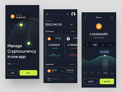 Crypto Exchange App - Crypio animation app application btc clean crypto cryptocurrency darkmode eth interaction minimalist mobile mobile app motion graphics onboarding prototype statistics ui ux wallet