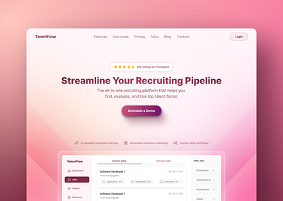 Recruiting platform - landing page 3d alert design hiring ecommerce figma framer hiring landing page platform product product design recruiting red saas tool trending ui web page webpage website