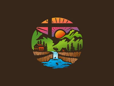 Camping badge badge logo camp camping camping logo house illustration logo mountain mountain logo river sunset tent tree vintage waterfall