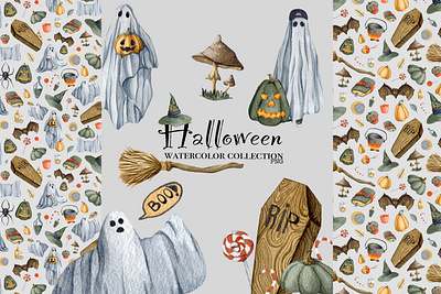 Halloween hand drawn watercolor collection autumn card collection craft fall ghost halloween icons illustration monster party pattern postcard print pumpkin scary set watercolor witches wrapping paper