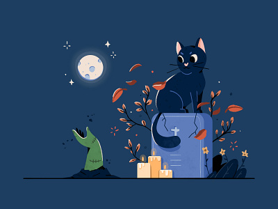 Halloween cat autumn black cat boo cat cemetery creepy cute festive full moon grave gravestone graveyard halloween hand helloween illustration night rip spooky zombie