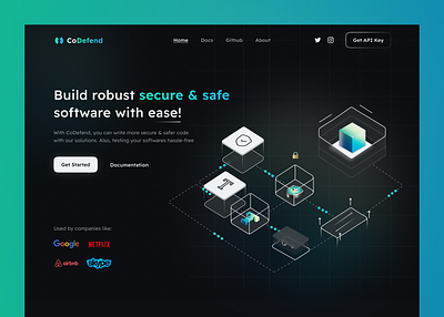 CoDefend - Code Security & Testing Landing Page Design darkmode design figma graphic design illustration landingpage ui ux website