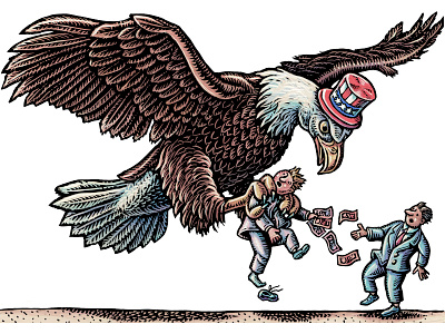 Illustration: American Eagle snatches up tax cheat... american eagle animal art business eagle editorial illustration fraud illustration law lawyers lisa haney litigation magazine illustration prosecution scratchboard tax season taxation