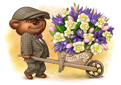 For you bear children flowers illustration postcard