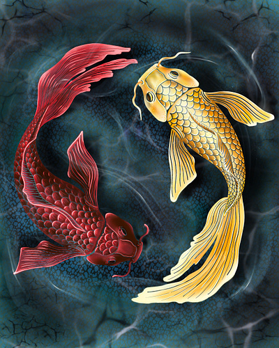 Yin Yang Koi book art character creator character design character development colorful cover art design digital art digital illustration fan art fantasy art fantasy illustration fish illustration koi fish lighting logo story telling