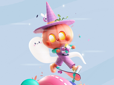 Pumpkin and her lovely magic ball 🎃🍬 3d 3d art 3d pumpkin branding character colors cute design ghost halloween illustration kawaii letsgetspooky logo pumpkin spooky texture trick or treat ui witch