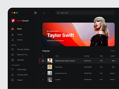 🎧 SazheSound - Music Player clean dark dark mode darkmode desktop desktop music music music player musicplayer player taylor swift ui uiux