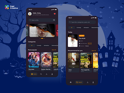 Cinema - Mobile App UI Concept app capi creative design halloween mobile mobileapp movies streaming movies app streammovies tv ui