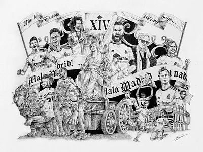 Kings of Europe - Real Madrid Illustration art artwork creative design football hand drawn hand lettering handmade illustration ink lettering micron pen mono colour retro sketch sports texture typography victorian vintage