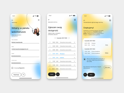 Registration for volunteers/ mobile app app blue calendar color concept creative design gradient graphic design interface line minimal mobile mobile app design mobileapp profile registration form ui ux yellow