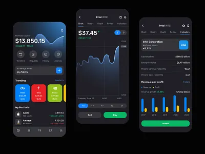 Investment App app bank banking app clean dark mode dark theme finance fintech investments marketing stock market stock trading stocks trade tranding tranding app ui ux