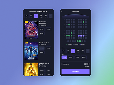 Cinema tickets app app case study cinema dark dark mode date design e commerce ecommerce mobile mobile app movie new picker poster tickets ui ux