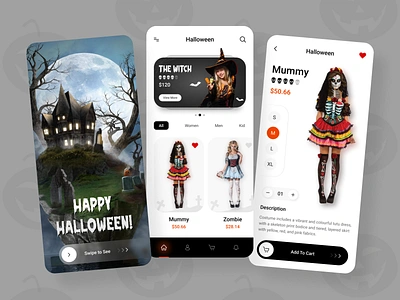 Halloween Store App UI Design app app design dark theme dark ui e commerce ecommerce app halloween halloween app halloween app design halloween costume halloween party halloween store mobile app mobile ui product page pumpkin shop shopping app store witch