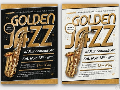 Golden Jazz Flyer Template V8 band black club concert design festival flyer gold golden graphic design jazz music photoshop poster print psd sax saxophone template white