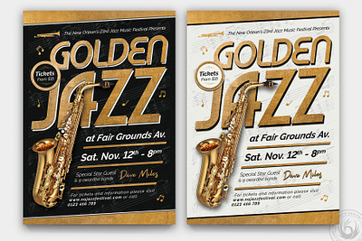 Golden Jazz Flyer Template V8 band black club concert design festival flyer gold golden graphic design jazz music photoshop poster print psd sax saxophone template white
