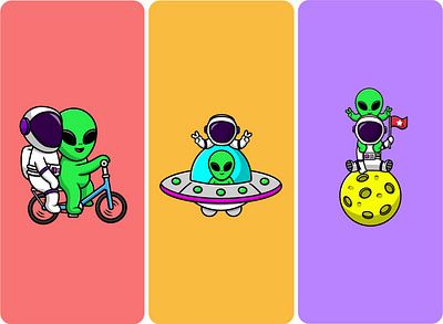 Cute Astronaut And Alien cartoon design drawing illustration logo mascot