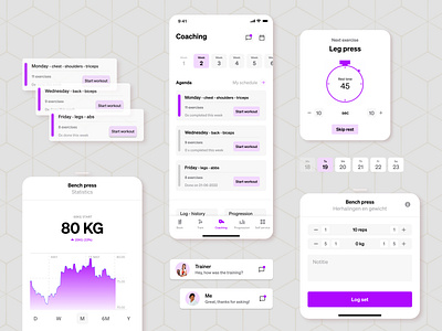 Fitness app components | workout tracker agenda app design calendar chat function coaching dashboard design exercise app figma fitness app gym app mobile app design mobile ui personal training statistics ui ui components ux design workout workout tracker