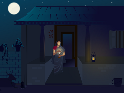 Village scene beautiful candle cow indian lady lamp moon night peaceful stars village