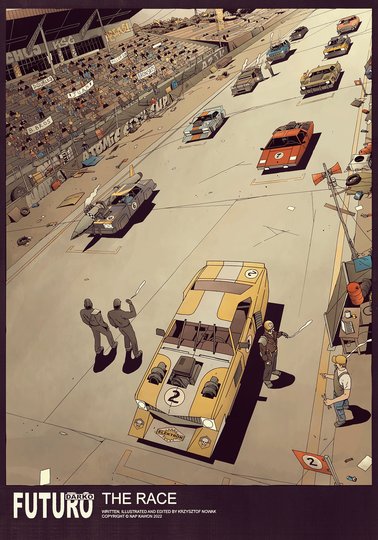 FUTURO DARKO: The Race/Splash Page car comic desert futurodarko race road scene speed splashpage track wasteland