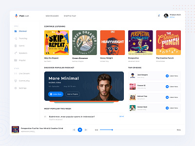 Podcast Player Dashboard card clean dashboard design list logo menu music player podcast poster sidebar ui ux web website