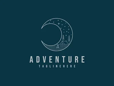 creative camp in moon logo, line art abstract camp adventure logo brand identity branding camp logo graphic design line art logo logo logo identity modern logo night camp logo