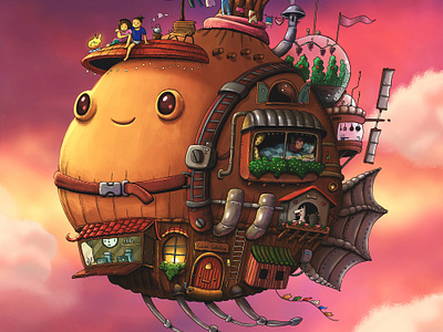 The Nomad Onion anime castle colorful digital nomad drawing dreamy fan art fantasy flying handmade illustration love moving castle nomad onion painting ship sky travel trip