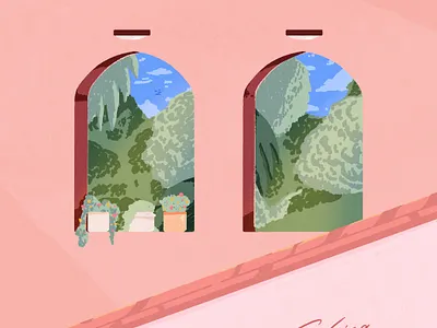 Staircase drawing hotel illustration texture tropical typography vacation windows